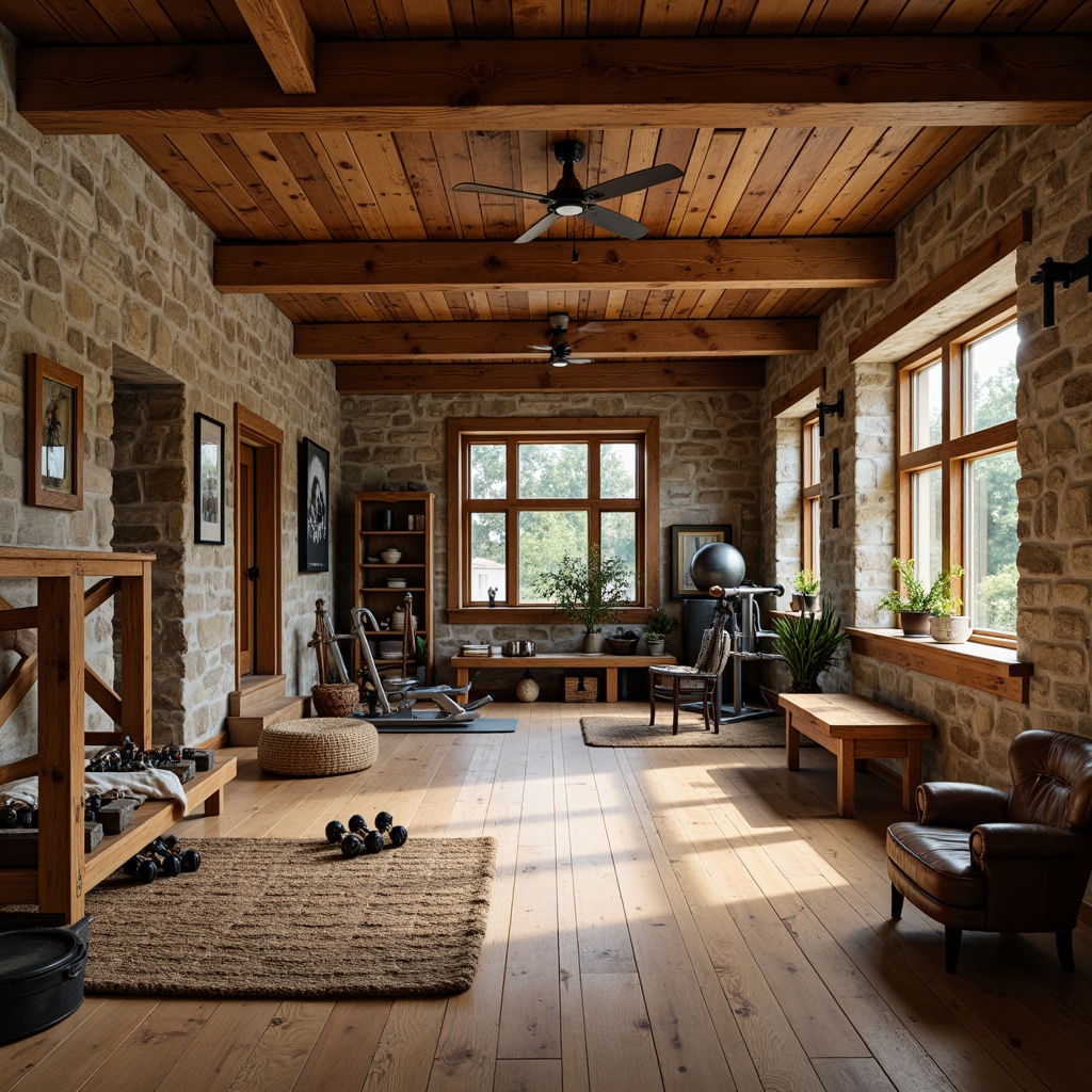 Prompt: Rustic craftsman home gym, wooden floorboards, natural stone walls, reclaimed wood accents, exposed beam ceiling, earthy color palette, warm lighting, wooden dumbbells, woven fiber mats, vintage metal equipment, distressed leather furniture, organic textures, soft shadows, 1/2 composition, shallow depth of field, cozy atmosphere, intimate space.