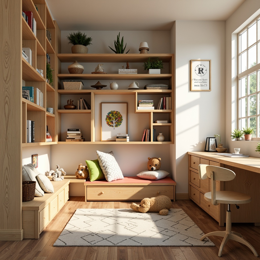 Prompt: Cozy kids' room, warm wooden furniture, vintage educational posters, comfortable reading nook, built-in bookshelves, ergonomic desk chair, natural oak wood flooring, soft cream-colored walls, stylish geometric rug, modern minimalist decor, plenty of storage compartments, fun colorful accents, playful kid-sized furniture, inspirational quotes, abundant natural light, shallow depth of field, 1/2 composition, warm and inviting atmosphere.