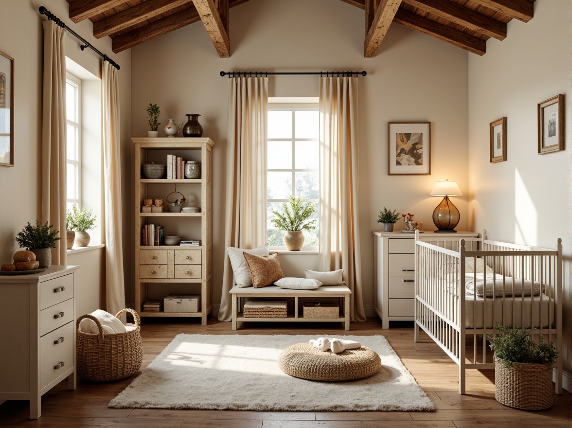 Prompt: Whimsical baby room, farmhouse decor, soft cream walls, distressed wood furniture, vintage metal cribs, plush toys, warm beige curtains, natural linen fabrics, woven baskets, rustic wooden ceiling beams, earthy terracotta pots, delicate porcelain vases, gentle warm lighting, pendant lamps, metal lanterns, Edison bulbs, candlelight ambiance, cozy reading nooks, 1/1 composition, soft focus, warm color palette, rustic textures, ambient occlusion.