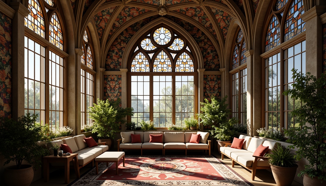 Prompt: Ornate sunroom, pointed arch windows, stained glass panels, vibrant colors, floral patterns, intricate stone carvings, grandiose architecture, ornamental tracery, ribbed vaults, flying buttresses, majestic interior, high ceilings, dramatic lighting, warm ambiance, natural textures, luxurious furnishings, lavish decorations, Gothic Revival style, medieval inspirations.