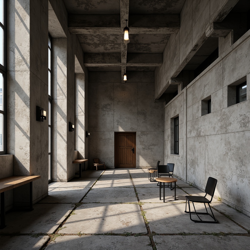 Prompt: Exposed concrete walls, raw steel beams, rugged stone floors, distressed wood accents, industrial-style metal chairs, brutalist-inspired lighting fixtures, minimalist decor, monochromatic color scheme, dramatic shadows, high-contrast lighting, 1/1 composition, realistic textures, ambient occlusion, bold architectural forms, fortress-like structures, cold atmospheric tone, harsh geometric shapes, unfinished aesthetic.