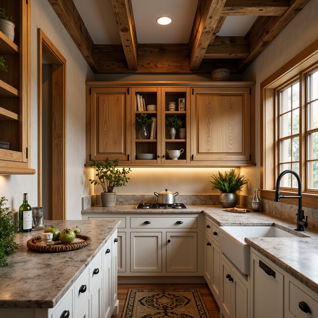 Prompt: Rustic kitchen cabinetry, warm wooden tones, classic Shaker-style doors, ornate metal hardware, natural stone countertops, earthy color palette, traditional craftsmanship, rich wood grains, decorative trimwork, cozy breakfast nook, soft morning light, warm beige walls, creamy white cabinets, farmhouse sink, vintage-inspired appliances, botanical patterns, woven textiles, inviting dining area, 1/2 composition, warm ambient lighting, subtle depth of field.