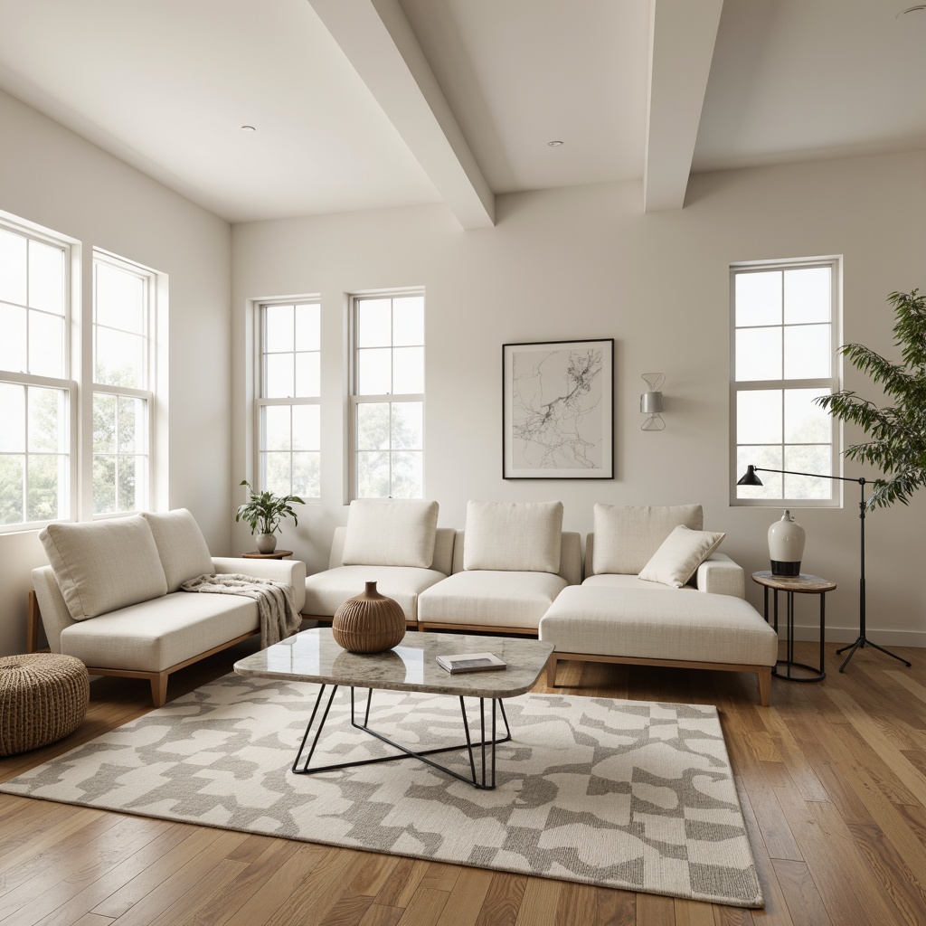 Prompt: Modern minimalist living room, low-profile sectional sofa, sleek glass coffee table, industrial metal floor lamp, abstract geometric-patterned area rug, creamy white walls, floor-to-ceiling windows, natural oak hardwood floors, subtle ambient lighting, 1/1 composition, shallow depth of field, realistic textures, ambient occlusion.