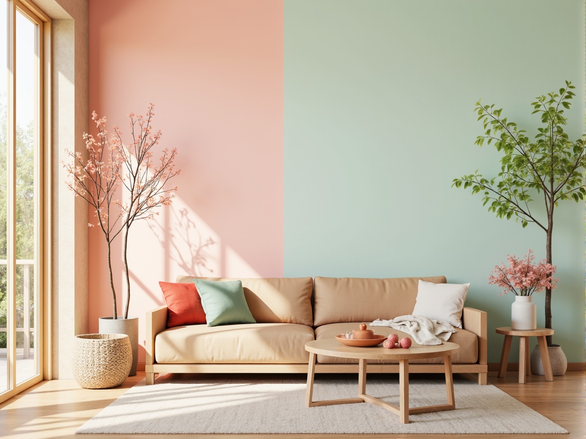 Prompt: Vibrant pastel hues, soft peach tones, calming mint greens, creamy whites, warm beige accents, bold coral statements, natural wood textures, subtle metallic sheens, airy light-filled atmosphere, effortless elegance, modern minimalism, 1/1 composition, shallow depth of field, realistic reflections, ambient occlusion.