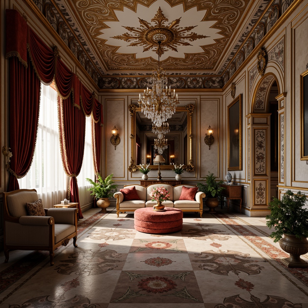 Prompt: Ornate Rococo-inspired interior, lavish furnishings, intricate tile patterns, swirling shapes, ornamental details, gilded accents, luxurious fabrics, velvet drapes, marble floors, crystal chandeliers, soft warm lighting, shallow depth of field, 1/2 composition, ornamental mirror frames, richly textured surfaces, ambient occlusion.