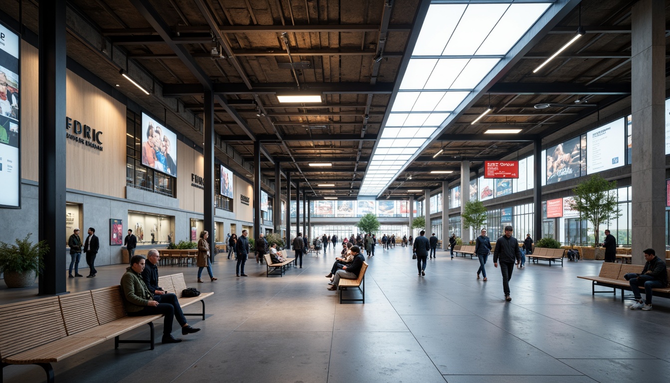 Prompt: Modern train station, minimalist aesthetic, sleek metal benches, wooden accents, industrial lighting fixtures, urban atmosphere, busy commuters, rush hour scene, natural stone flooring, concrete walls, steel beams, floor-to-ceiling windows, abundant natural light, subtle color palette, functional design, ergonomic seating, comfortable waiting areas, integrated digital displays, real-time train schedules, futuristic ambiance, shallow depth of field, 3/4 composition, panoramic view, realistic textures, ambient occlusion.