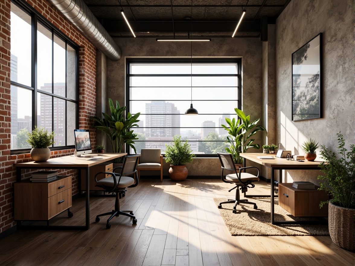 Prompt: Minimalist home office, ergonomic furniture, wooden desks, comfortable chairs, plenty of natural light, large windows, urban city views, industrial chic decor, exposed brick walls, metal beams, reclaimed wood accents, modern art pieces, geometric patterns, vibrant greenery, potted plants, soft warm lighting, shallow depth of field, 3/4 composition, realistic textures, ambient occlusion.