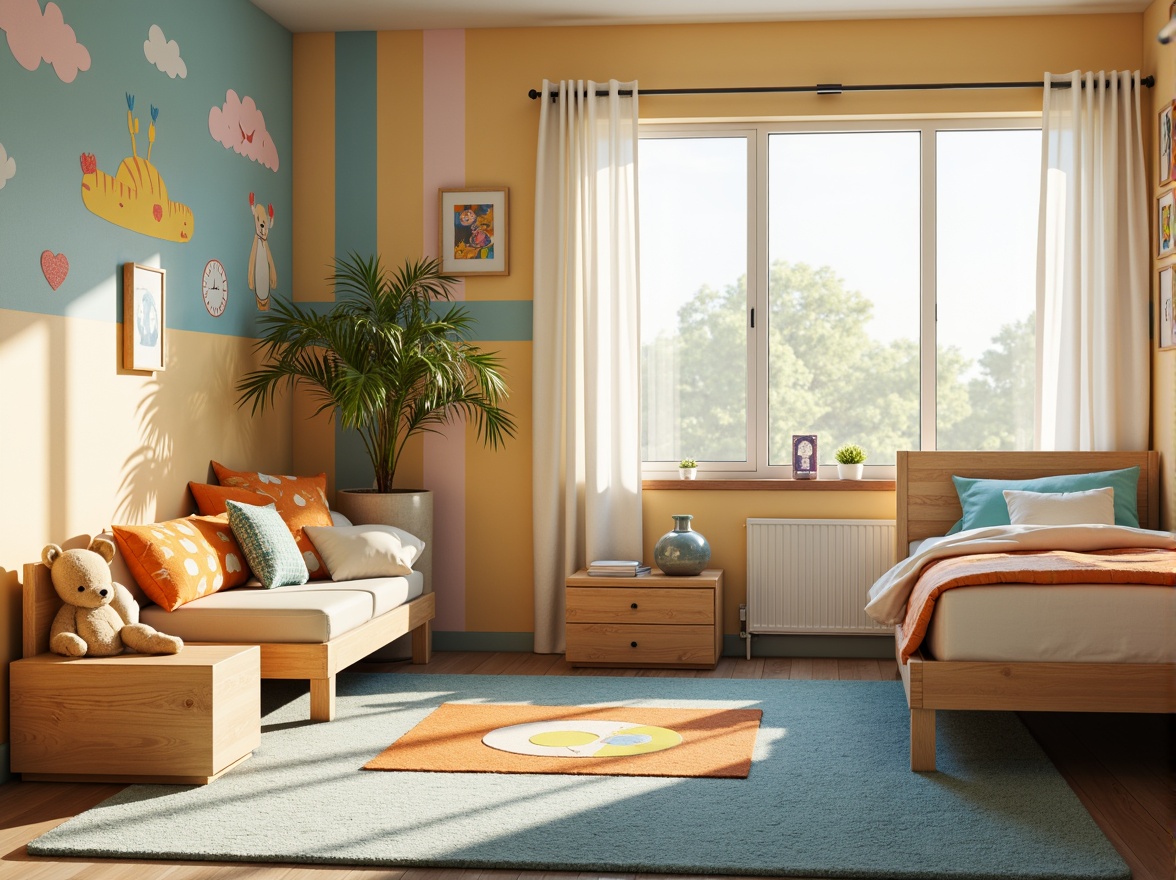 Prompt: Vibrant kids' bedroom, bright pastel colors, soft creamy whites, calming blues, energetic yellows, playful oranges, whimsical patterns, cartoon character decals, sturdy wooden furniture, cozy plush carpets, natural light pouring in, sheer curtains filtering sunbeams, 1/1 composition, warm golden lighting, shallow depth of field, realistic textures.