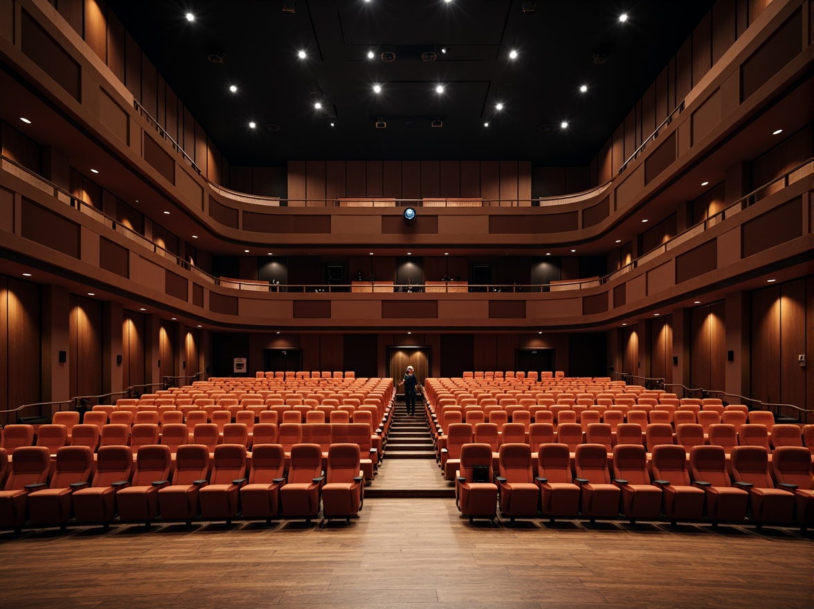 Prompt: Modern auditorium, sleek curved lines, luxurious velvet seats, polished wooden floors, sophisticated sound systems, contemporary lighting fixtures, acoustic panels, minimalist decor, neutral color palette, dramatic spotlights, 3/4 composition, shallow depth of field, panoramic view, realistic textures, ambient occlusion.