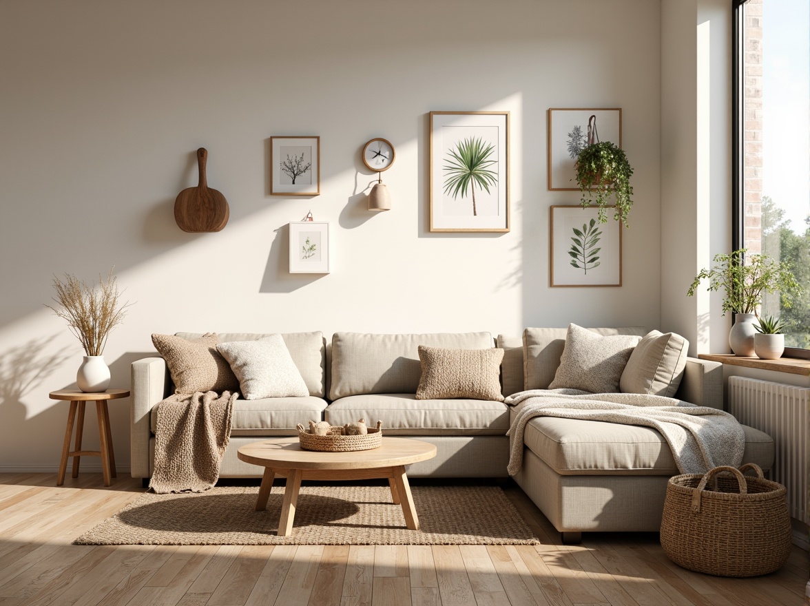 Prompt: Cozy living room, plush throw blankets, natural wood accents, minimal ornamentation, creamy white walls, warm beige sofas, chunky knit pillows, woven baskets, organic shapes, softbox lighting, gentle color palette, Nordic-inspired furniture, rustic wooden floors, botanical prints, potted greenery, morning sunlight, shallow depth of field, 1/1 composition, inviting atmosphere, realistic textures, ambient occlusion.