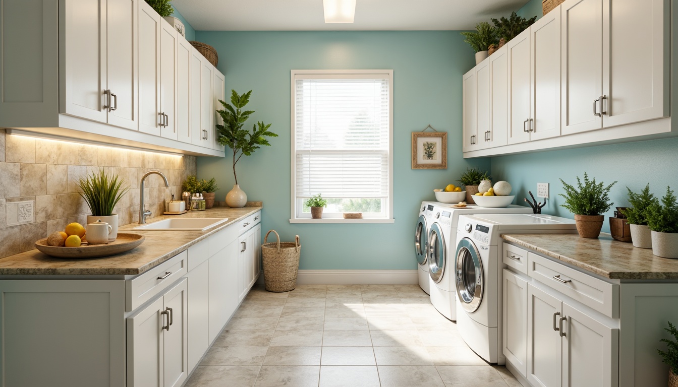 Prompt: Vibrant laundry room, soft pastel hues, calming whites, creamy beiges, soothing blues, energizing yellows, modern appliances, sleek cabinets, polished chrome fixtures, natural stone countertops, ceramic tile flooring, ample task lighting, LED under-cabinet lights, shallow depth of field, 1/2 composition, realistic textures, subtle ambient occlusion.