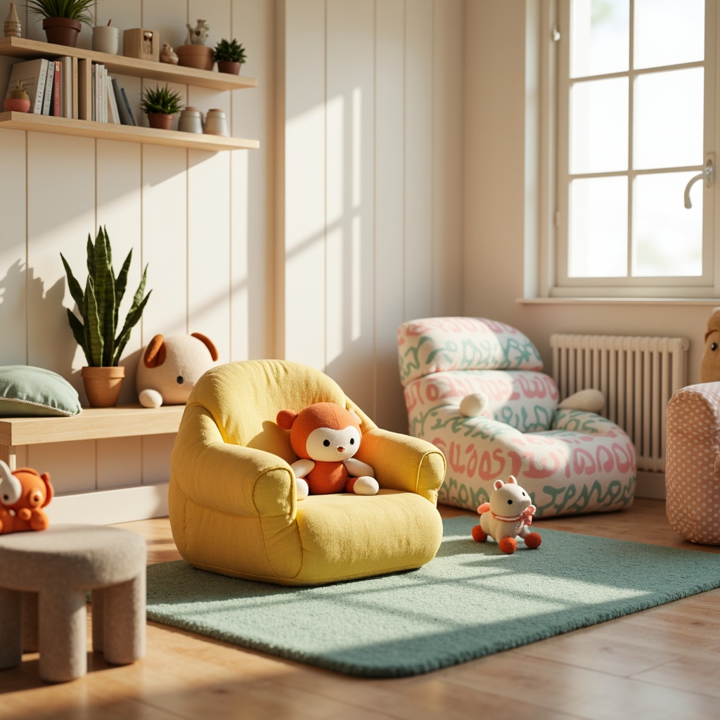 Prompt: Cozy kid's bedroom, plush toys, soft pastel colors, gentle texture fabrics, calming polka dots, soothing stripes, vibrant colorful accents, fun cartoon characters, whimsical patterns, comfortable bean bags, oversized pillows, natural wood furniture, creamy white walls, warm golden lighting, shallow depth of field, 1/1 composition, realistic textures, ambient occlusion.