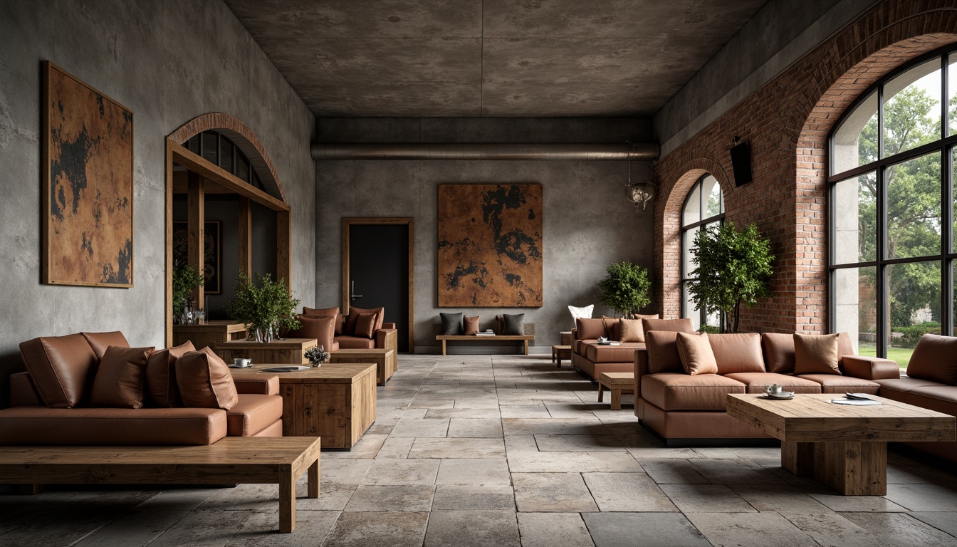 Prompt: Exposed concrete walls, rough-hewn stone flooring, metallic accents, industrial-style lighting fixtures, reclaimed wood tables, rugged brick archways, distressed leather upholstery, earthy color palette, minimalist decor, functional furniture, brutalist architecture, raw materials, monolithic forms, dramatic shadows, high-contrast lighting, 1/2 composition, atmospheric perspective, realistic render.