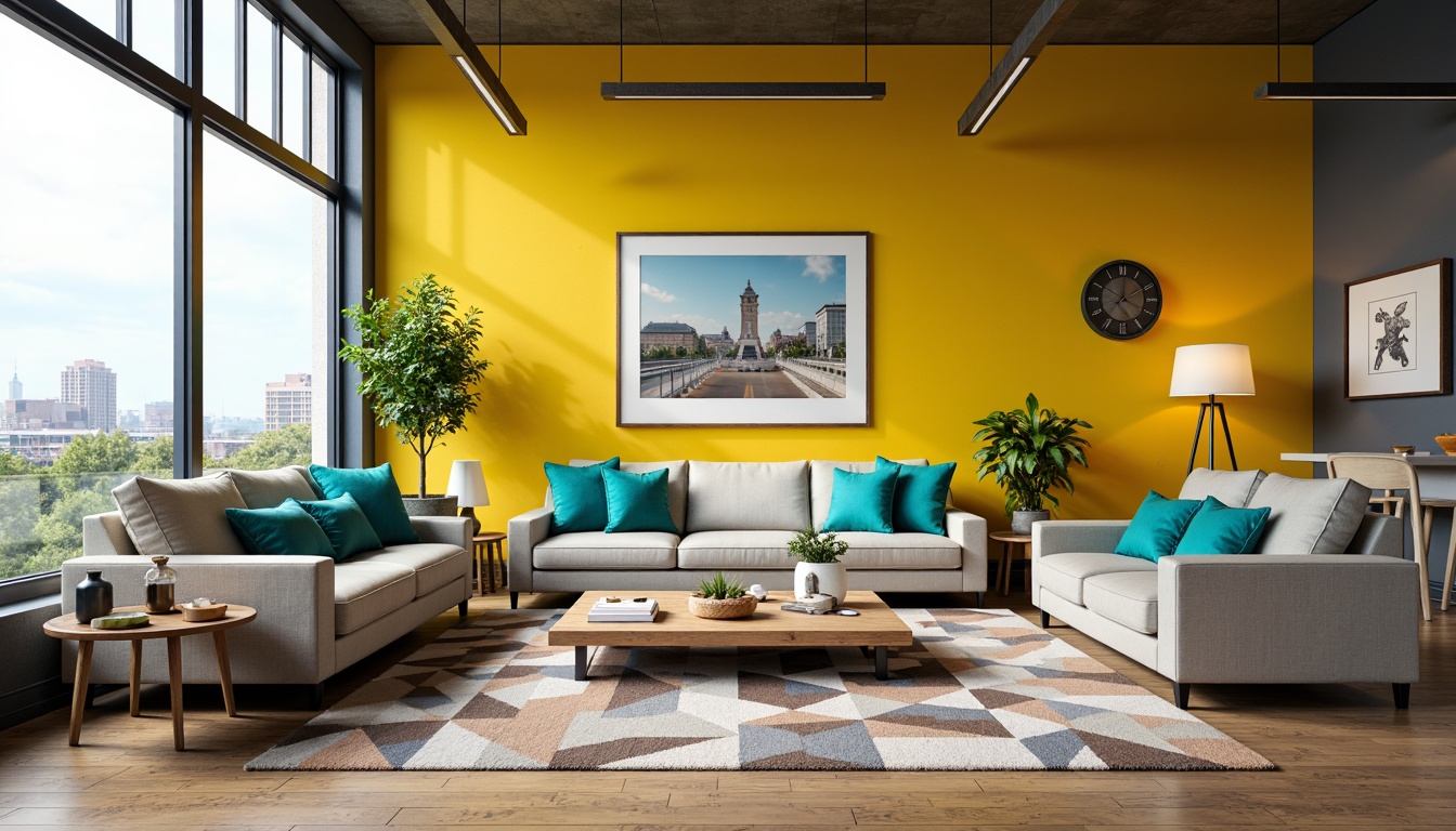 Prompt: Vibrant living room, bold yellow accent wall, modern minimalist furniture, sleek low-profile sofas, vibrant turquoise throw pillows, geometric patterned rugs, natural wood coffee tables, industrial metal lighting fixtures, urban loft-inspired decor, large windows, abundance of natural light, shallow depth of field, 3/4 composition, panoramic view, realistic textures, ambient occlusion.