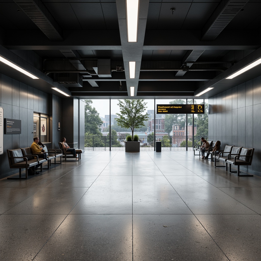 Prompt: Sleek train station interior, minimalist design, monochromatic color scheme, polished concrete floors, matte metal walls, subtle LED lighting, geometric patterns, industrial chic atmosphere, sparse seating areas, stainless steel railings, modern signage systems, calm ambiance, soft diffused light, shallow depth of field, 1/1 composition, realistic reflections.