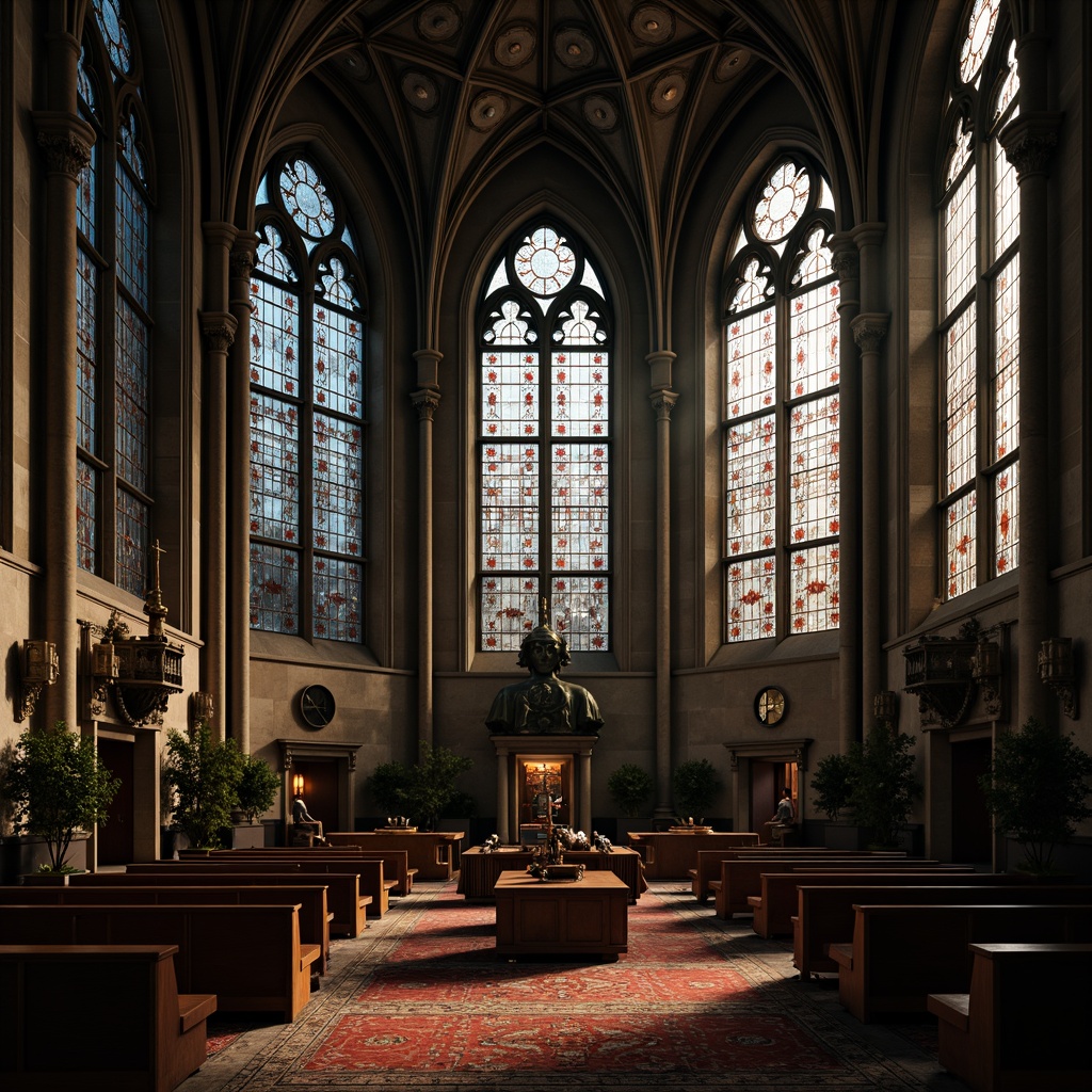 Prompt: Ornate Gothic windows, pointed arches, ribbed vaults, stained glass, intricate stone carvings, mysterious ambiance, dim warm lighting, rich textiles, luxurious furnishings, medieval-inspired architecture, grand cathedrals, solemn atmosphere, eerie shadows, dramatic verticality, 1/2 composition, low-key illumination, cinematic mood.