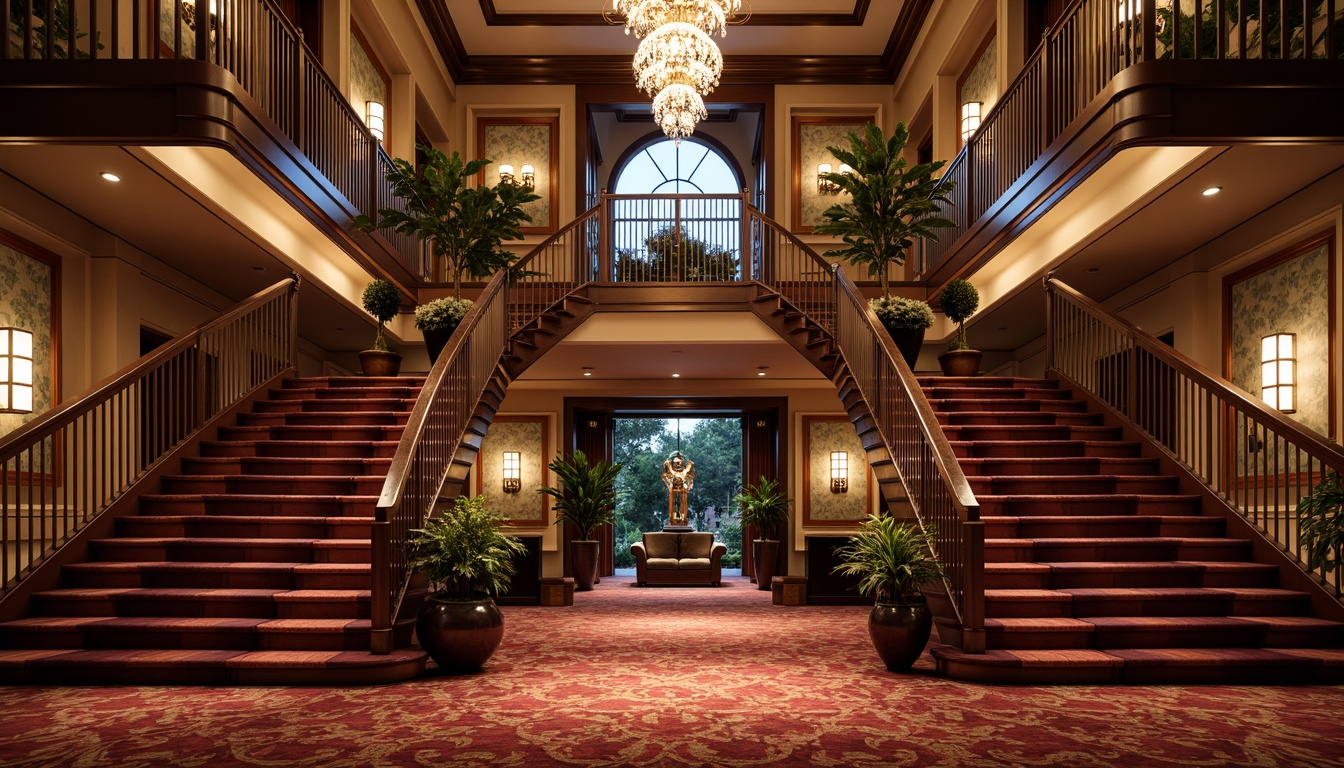 Prompt: Intricate staircase, grand entrance, ornate banisters, curved railings, polished metal accents, luxurious carpeting, statement lighting fixtures, dramatic ceiling heights, opulent chandeliers, elegant wall sconces, rich wood tones, sophisticated color schemes, lavish textiles, majestic newel posts, sculptural balusters, ornamental metalwork, regal ambiance, atmospheric warm glow, shallow depth of field, 1/2 composition, realistic materials, ambient occlusion.