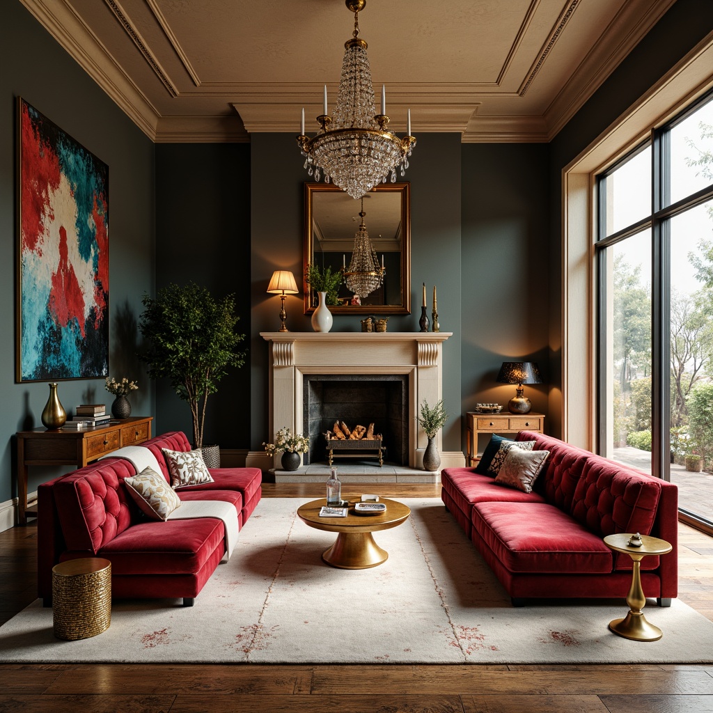 Prompt: Vibrant living room, bold statement walls, rich jewel-toned furniture, plush velvet sofas, metallic gold accents, soft cream-colored rugs, elegant crystal chandeliers, warm ambient lighting, 3/4 composition, shallow depth of field, panoramic view, realistic textures, ambient occlusion.