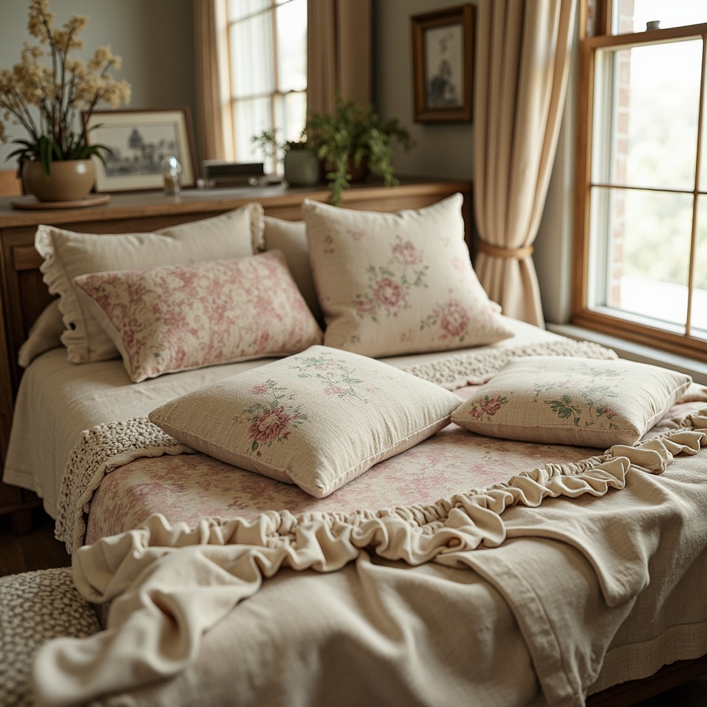 Prompt: Vintage distressed fabrics, soft plush textures, pastel color palette, floral patterns, ruffles and lace trims, velvet drapes, linen upholstery, worn wooden furniture, antique decorative items, natural light, warm beige tones, cozy atmosphere, shallow depth of field, 1/1 composition, realistic fabrics, ambient occlusion.