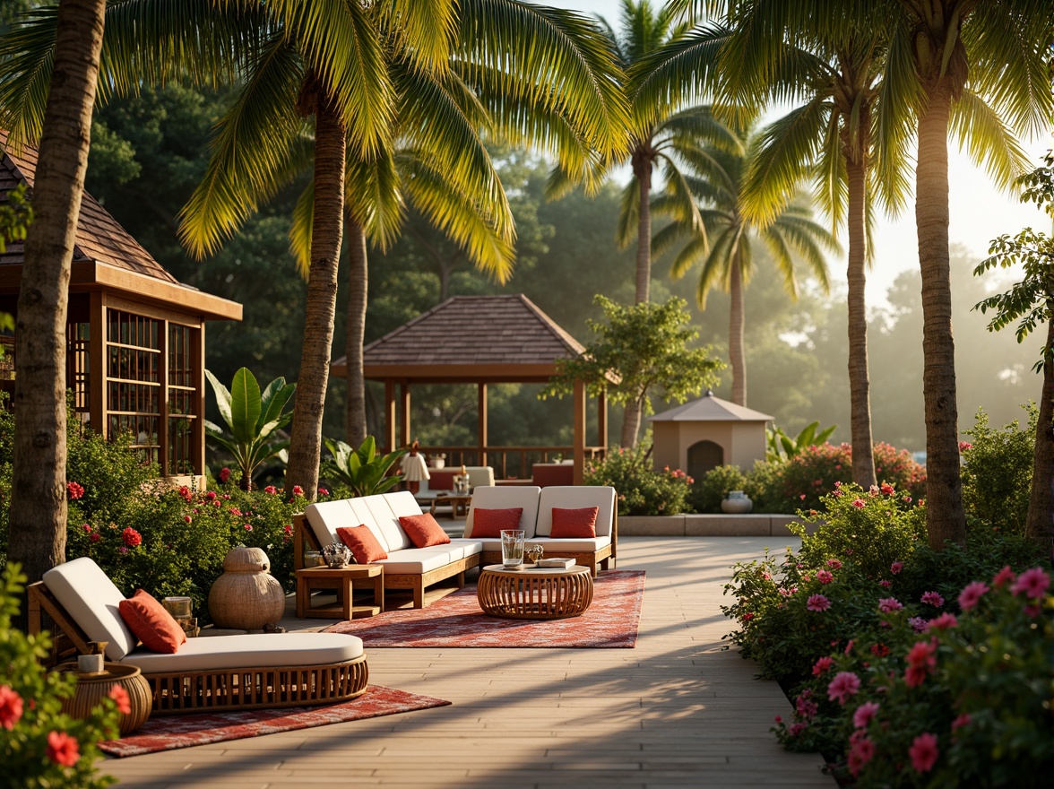 Prompt: Exotic tropical island, lush green palm trees, vibrant hibiscus flowers, wooden rattan furniture, natural wicker accents, colorful tiki torches, woven bamboo textiles, rustic driftwood decorations, shell-adorned accessories, ocean-inspired sculptures, warm golden lighting, soft focus blur, shallow depth of field, 1/1 composition, panoramic view, realistic reflections, ambient occlusion.