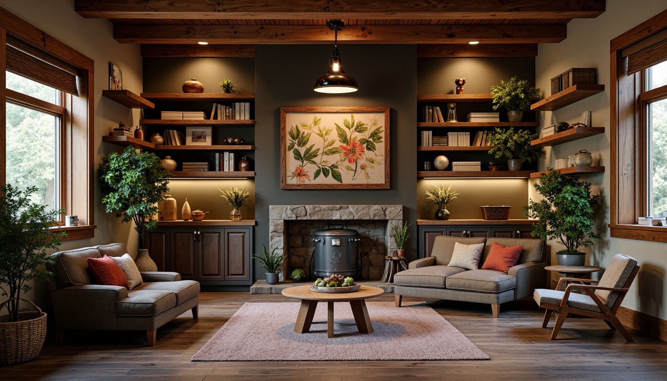 Prompt: Rustic wood accents, earthy tone walls, natural stone flooring, vintage metal equipment, distressed leather upholstery, rich greenery, wooden beams, cozy ambient lighting, warm color scheme, Craftsman-style decor, reclaimed wood shelves, industrial-chic machinery, bold color pops, dynamic composition, shallow depth of field, 1/1 aspect ratio, realistic textures, subtle shadows.