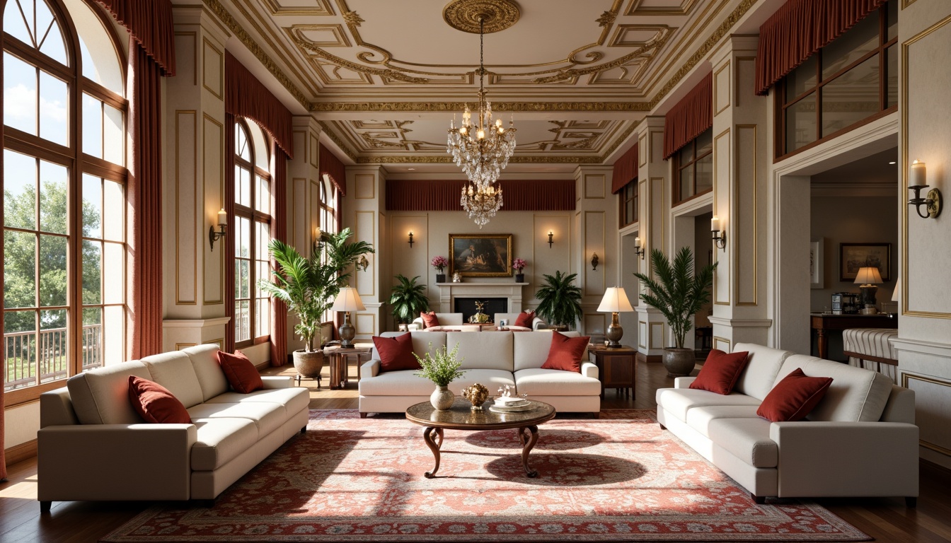 Prompt: Rich velvet fabrics, ornate gold accents, creamy whites, warm beige tones, soft grays, luxurious burgundy reds, subtle ivory hues, elegant taupe shades, refined wood paneling, intricate marble patterns, sophisticated crystal chandeliers, lavish drapery, stately columns, ornamental moldings, opulent furnishings, majestic high ceilings, dramatic arched windows, warm candlelight, soft focus photography, shallow depth of field, 2/3 composition, realistic textures, ambient occlusion.