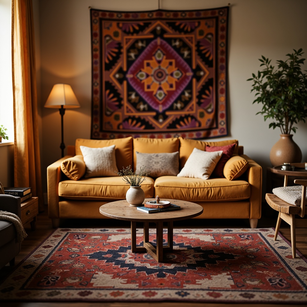 Prompt: Cozy living room, plush throw pillows, soft velvety sofa, warm beige walls, rustic wooden coffee table, vibrant colorful rug, Moroccan-inspired tapestry, intricate geometric patterns, luxurious silk fabrics, ambient warm lighting, shallow depth of field, 3/4 composition, realistic textures, comfortable seating area, intimate atmosphere, serene ambiance.