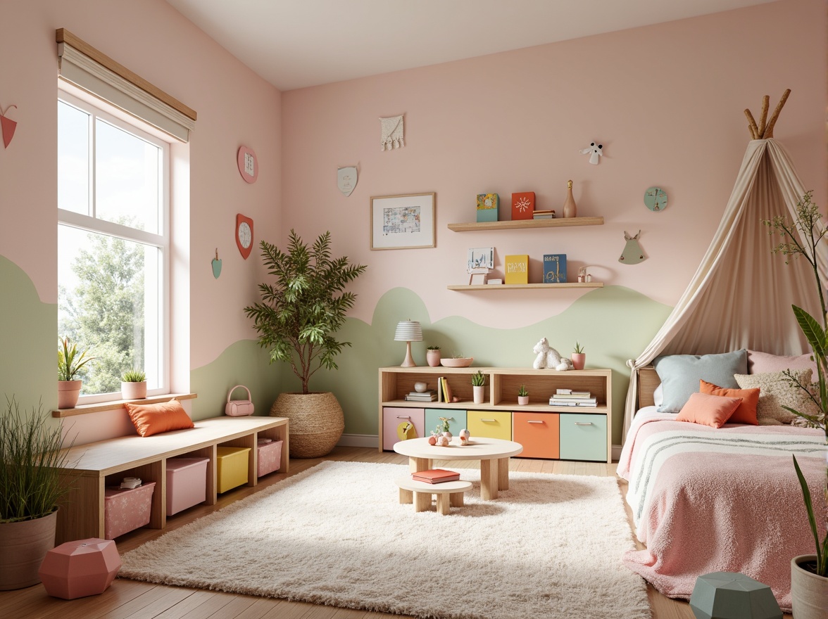 Prompt: Whimsical children's bedroom, soft pastel colors, fluffy carpets, playful furniture shapes, vibrant wall decals, colorful storage bins, kid-friendly lighting fixtures, fun textiles patterns, educational wall art, interactive toy displays, cozy reading nooks, built-in bookshelves, natural wood accents, gentle warm lighting, shallow depth of field, 1/1 composition, realistic textures, ambient occlusion.