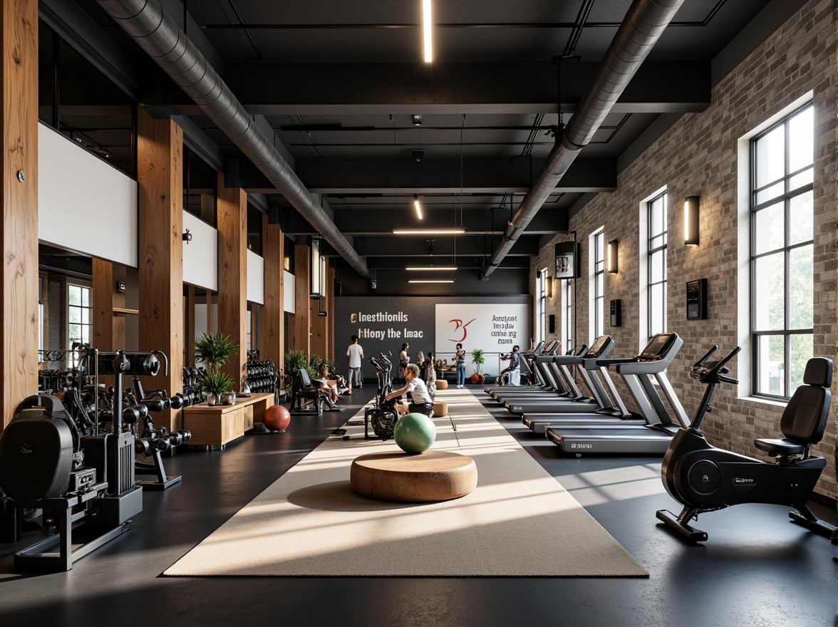 Prompt: Modern home gym, industrial-style equipment, rubber flooring, mirrored walls, motivational quotes, adjustable lighting, sound system, free weights, weight machines, treadmills, exercise bikes, yoga mats, medicine balls, resistance bands, jump ropes, wooden accents, minimalist decor, high ceilings, large windows, natural light, urban loft atmosphere, 1/1 composition, softbox lighting, realistic textures.