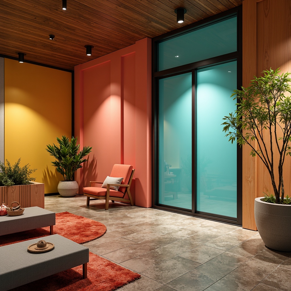 Prompt: Vibrant modern interior, bold accent walls, rich wood tones, sleek metallic frames, pops of bright coral, turquoise, and yellow hues, natural stone flooring, plush area rugs, minimalist decor, dramatic ceiling fixtures, warm ambient lighting, 1/1 composition, shallow depth of field, realistic textures, soft focus effect.