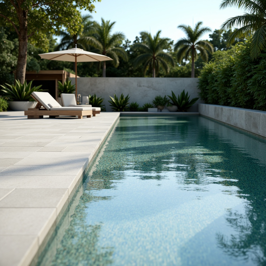 Prompt: Sleek minimalist pool, calm water surface, subtle ripples, soft natural light, serene atmosphere, simple concrete coping, clean lines, rectangular shape, pure white accents, subtle texture, gentle water flow, peaceful ambiance, shallow depth, 1/1 composition, realistic reflection, ambient occlusion, lush greenery surroundings, tropical plants, warm sunny day.