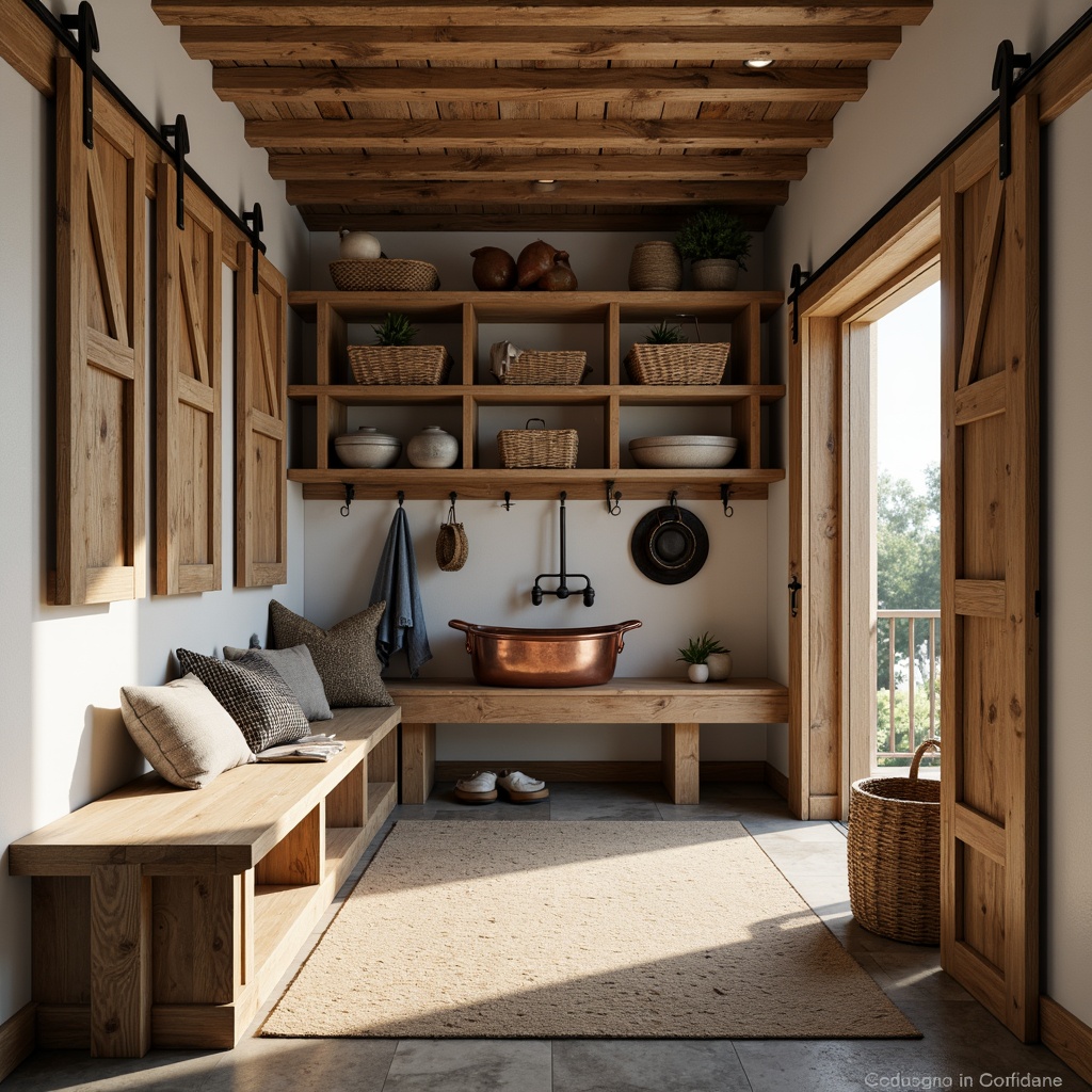 Prompt: Rustic mudroom, farmhouse style, wooden accents, natural stone flooring, earthy tones, vintage decor, functional storage solutions, woven baskets, metal hooks, reclaimed wood shelves, sliding barn doors, modern farmhouse sink, copper fixtures, natural light, warm ambiance, soft shadows, 1/2 composition, realistic textures, ambient occlusion.