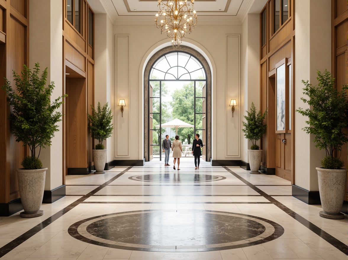 Prompt: Luxurious entrance hall, high-traffic area, elegant flooring, marble tiles, polished wooden floors, sophisticated patterns, cream-colored walls, modern chandelier, spacious interior, bright natural lighting, shallow depth of field, 3/4 composition, panoramic view, realistic textures, ambient occlusion.