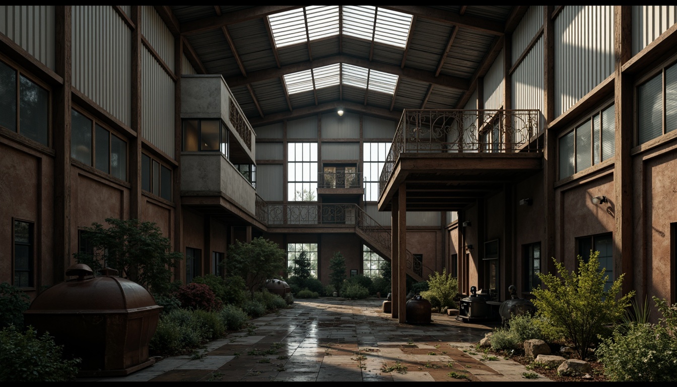 Prompt: Weathered industrial complex, corrugated metal cladding, ornate Baroque details, intricate stone carvings, rusty metal accents, distressed wooden textures, dramatic chiaroscuro lighting, cinematic atmosphere, 1/2 composition, low-angle shot, realistic reflections, ambient occlusion.