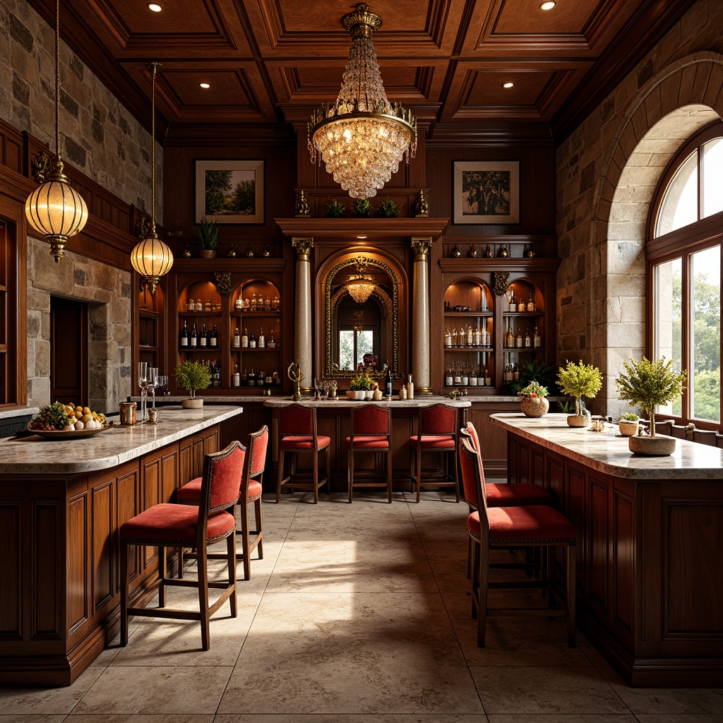 Prompt: Renaissance-style home bar, rich wood tones, ornate carvings, luxurious velvet fabrics, antique bronze hardware, crystal chandeliers, opulent marble countertops, intricate wooden paneling, vintage wine barrels, rustic stone walls, warm golden lighting, shallow depth of field, 2/3 composition, dramatic shadows, realistic textures, ambient occlusion.