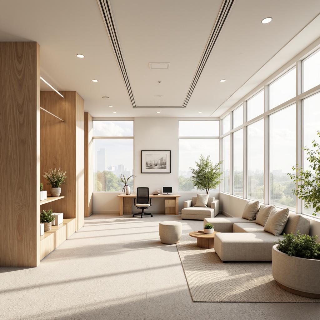 Prompt: Calming office atmosphere, pastel hues, creamy whites, warm beiges, rich wood accents, comfortable furniture, ergonomic chairs, soft carpet flooring, natural light pouring in, large windows, minimal decor, elegant simplicity, soothing color harmony, 1/2 composition, shallow depth of field, realistic textures, ambient occlusion.