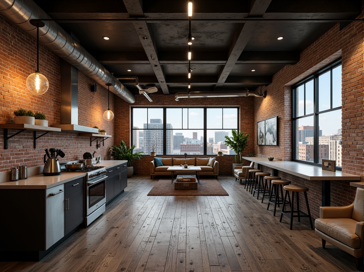 Prompt: Exposed brick walls, metal beams, reclaimed wood floors, industrial-style lighting fixtures, urban cityscape views, converted warehouse spaces, minimalist decor, concrete countertops, steel appliances, Edison bulb pendants, distressed leather sofas, vintage manufacturing equipment, abstract art pieces, polished metal accents, neutral color palette, high ceilings, open floor plans, natural textiles, eclectic decorative items, rustic wooden crates, moody atmospheric lighting, cinematic composition, gritty urban textures.