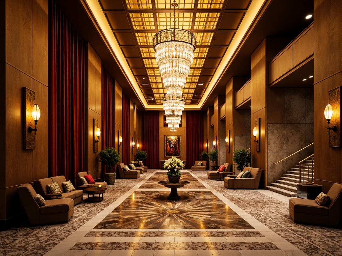 Prompt: Luxurious Art Deco hotel lobby, ornate chandeliers, geometric metal fixtures, warm golden lighting, rich velvet drapes, intricate marble floors, sleek chrome accents, vintage-inspired sconces, opulent crystal pendants, grand staircases, lavish furnishings, metallic leaf patterns, sunburst motifs, glamorous ambiance, soft warm glow, shallow depth of field, 1/2 composition, realistic textures, ambient occlusion.