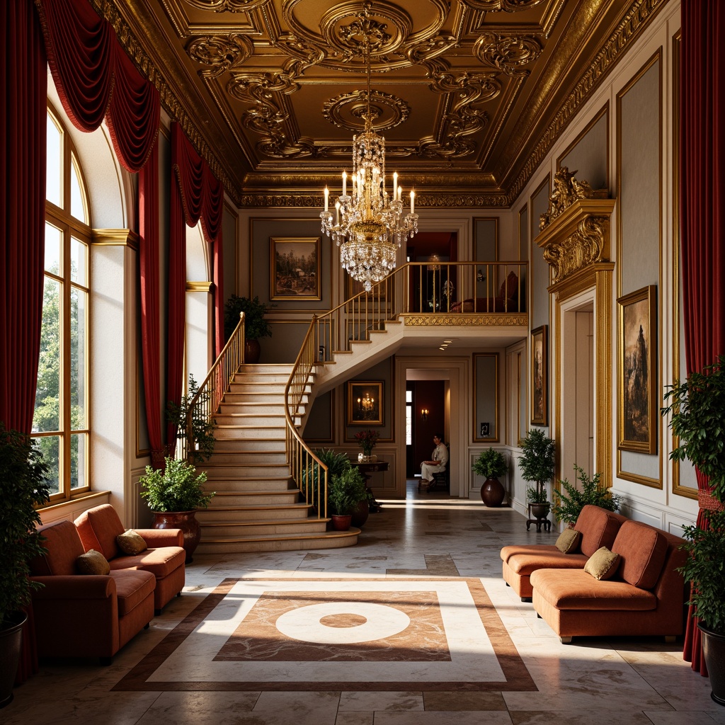 Prompt: Ornate classicism-style apartment, intricate moldings, ornamental plasterwork, gilded accents, luxurious furnishings, rich wood paneling, velvet drapes, crystal chandeliers, marble flooring, grand entrance halls, sweeping staircases, high ceilings, arched windows, symmetrical fa\u00e7ade, warm golden lighting, soft focus, shallow depth of field, 1/2 composition, intimate atmosphere, realistic textures, ambient occlusion.