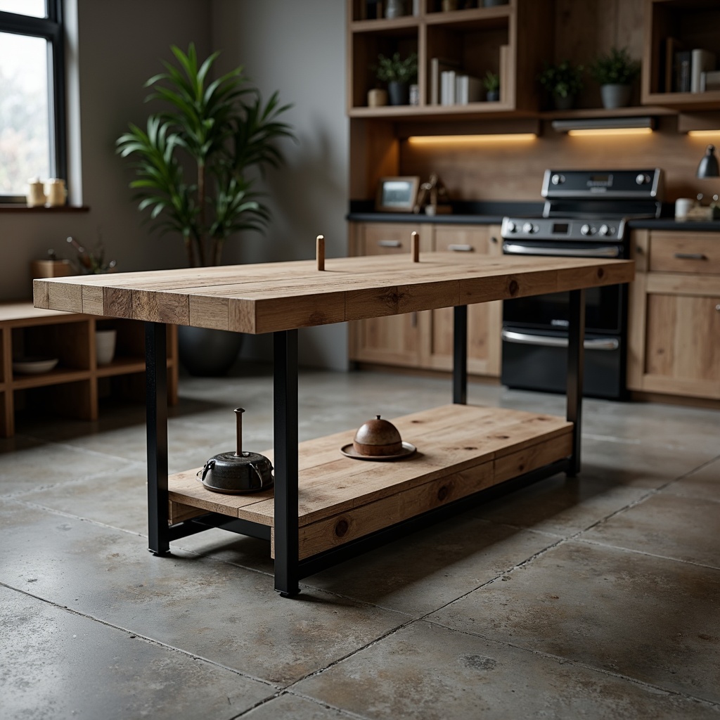 Prompt: Simple and sleek workbench, industrial metal legs, reclaimed wood top, tool storage compartments, built-in vice, LED task lighting, concrete floor, minimalist decor, monochromatic color scheme, natural light pouring in, subtle shadows, shallow depth of field, 1/1 composition, realistic textures, ambient occlusion.