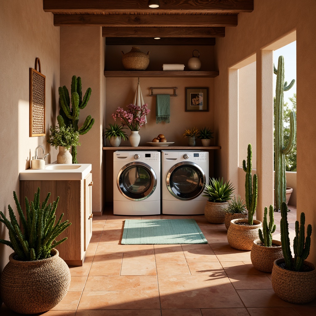 Prompt: Southwestern-style laundry room, warm terracotta tile flooring, earthy brown tones, vibrant turquoise accents, woven basket-inspired storage, natural fiber textiles, wooden cabinetry, rustic metal fixtures, desert botanicals, cacti plants, warm sunny lighting, shallow depth of field, 3/4 composition, realistic textures, ambient occlusion.