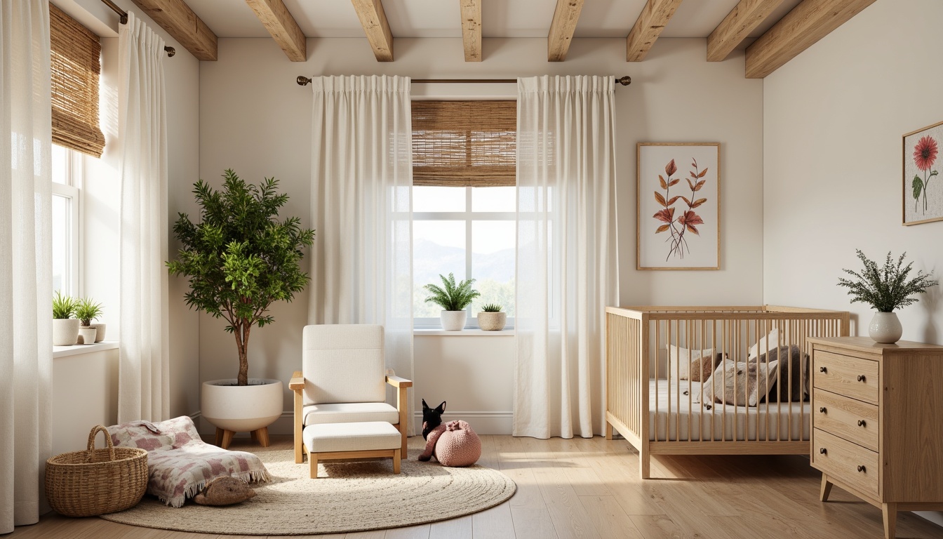 Prompt: Cozy nursery, natural wood accents, soft pastel colors, creamy whites, warm beige tones, plush area rugs, vintage-inspired cribs, rustic wooden furniture, delicate lace curtains, sheer white drapes, subtle patterned fabrics, gentle folds, relaxed Roman shades, woven bamboo blinds, nature-inspired wall art, botanical prints, earthy textiles, softbox lighting, warm glow, serene ambiance.