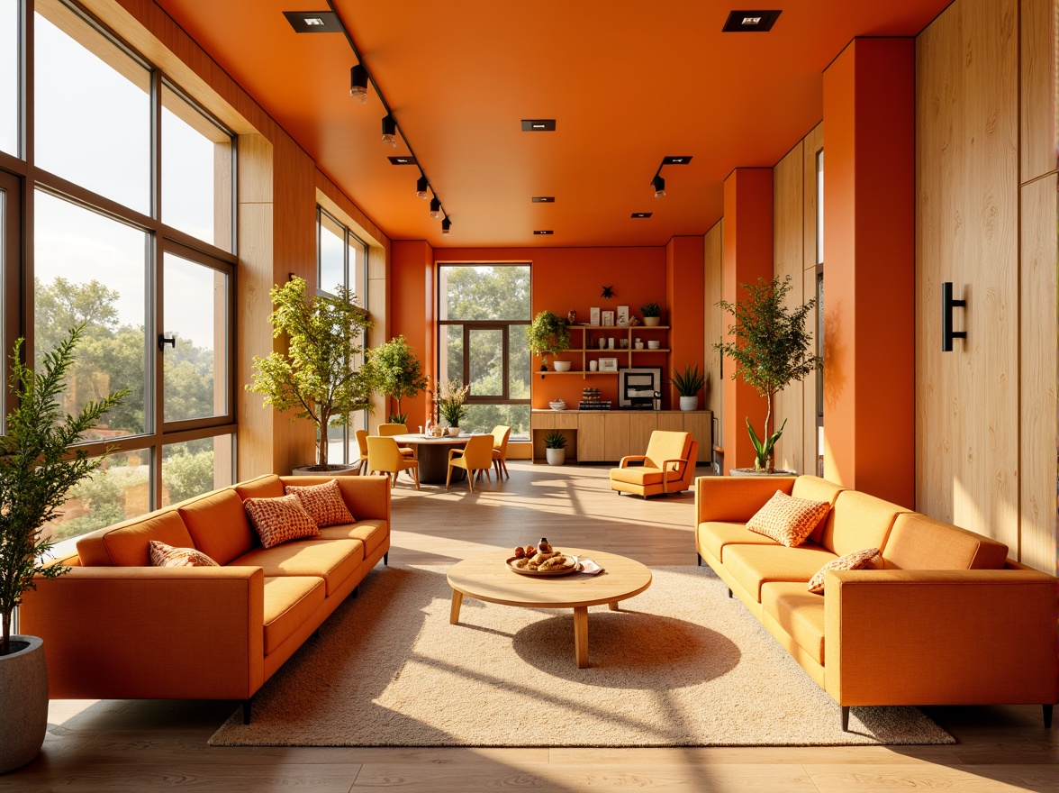 Prompt: Vibrant tangerine hues, warm golden lighting, inviting cozy atmosphere, modern minimalist furniture, sleek metal accents, bold geometric patterns, playful orange-yellow contrasts, soft creamy textures, natural wood tones, airy open spaces, large windows, bright sunny day, shallow depth of field, 3/4 composition, panoramic view, realistic renderings.