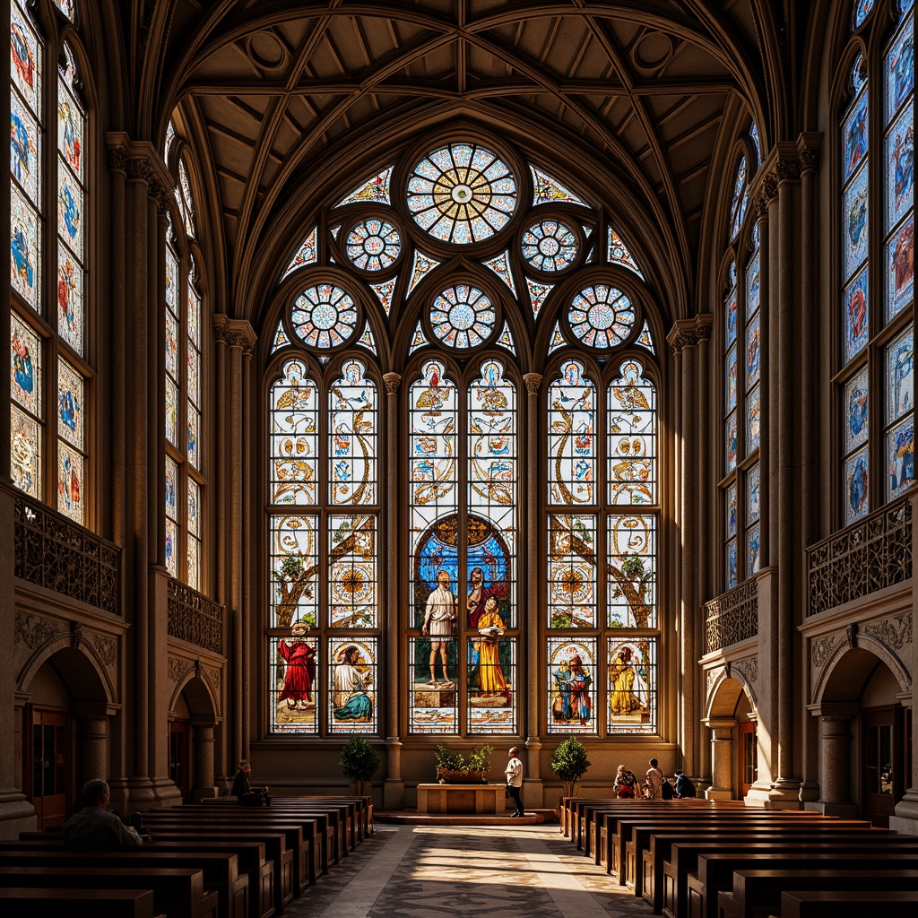 Prompt: Intricate stained glass windows, ornate metal frames, vibrant colorful patterns, flowing organic forms, elaborate stone carvings, grandiose vaulted ceilings, ornamental columns, intricate mosaic tiles, sacred religious symbols, dramatic lighting effects, warm golden tones, rich textures, 1/1 composition, symmetrical framing, soft diffused light, realistic reflections.