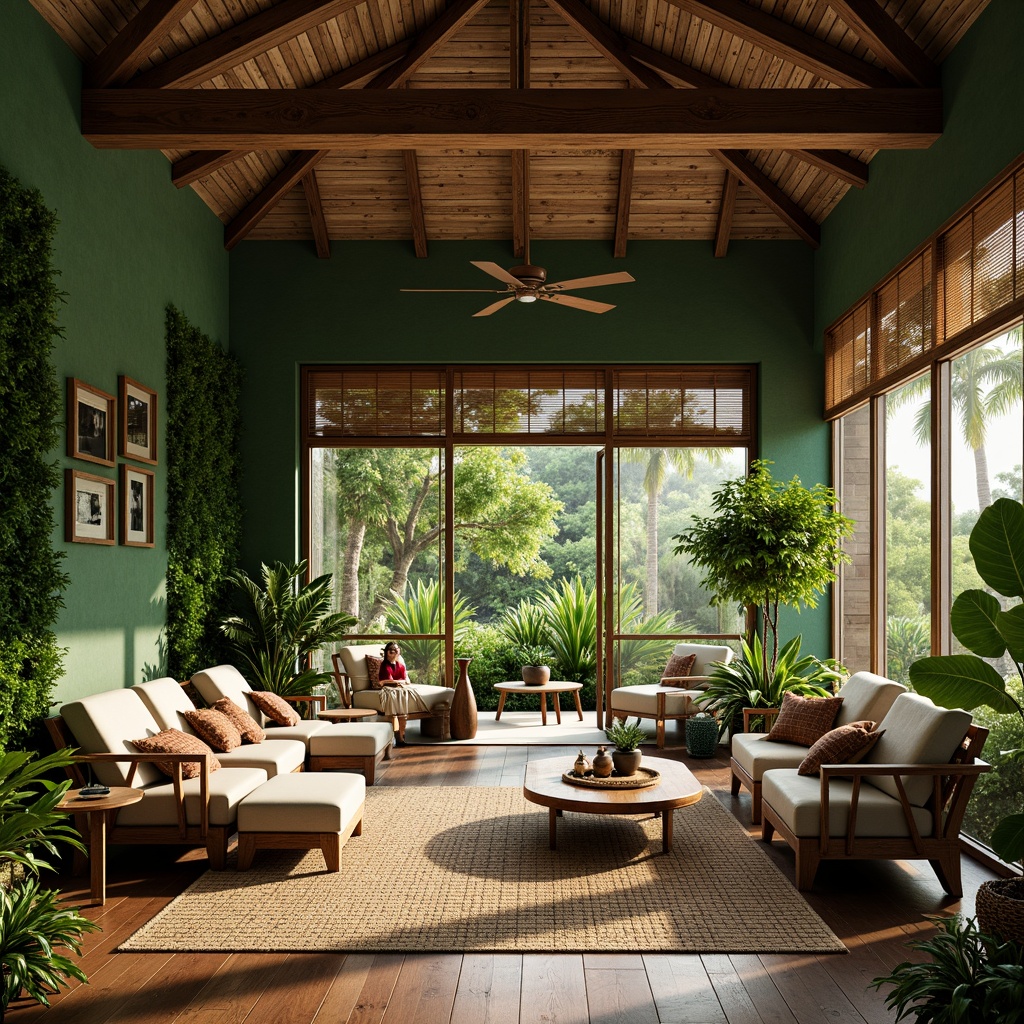 Prompt: Tropical interior space, lush green walls, exotic plants, natural wood accents, woven rattan furniture, large ceiling fans, open windows, cross ventilation, warm air circulation, soft diffused lighting, earthy color palette, organic textures, minimal ornamentation, functional decor, breathable materials, moisture-wicking fabrics, evaporative cooling systems, shaded outdoor areas, misting systems, tropical hardwood floors, natural fiber rugs, organic patterned upholstery, 1/1 composition, shallow depth of field, soft focus.