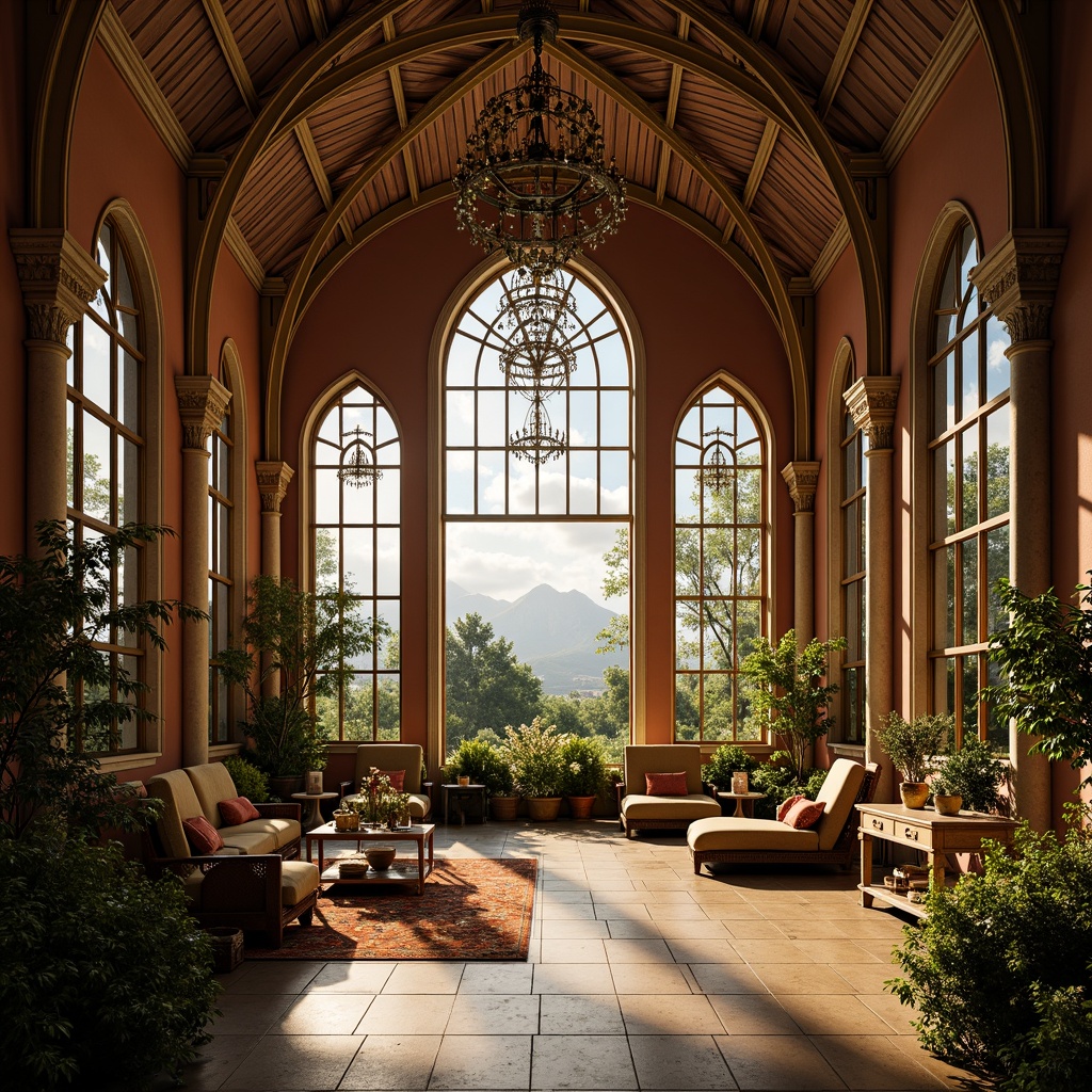 Prompt: Vaulted sunroom ceiling, stained glass windows, ornate stone carvings, pointed arches, ribbed vaults, flying buttresses, grandiose chandeliers, intricate tracery, lavish furnishings, rich textiles, majestic views, warm golden lighting, soft diffused shadows, 1/2 composition, atmospheric perspective, realistic reflections, ornamental details.