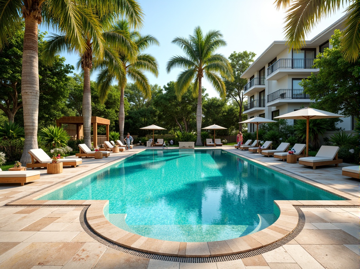 Prompt: Vibrant swimming pool, turquoise water, sun-kissed deck, textured concrete surfaces, ceramic tile accents, glass mosaic patterns, natural stone coping, wooden lounge chairs, colorful beach balls, tropical palm trees, sunny afternoon, soft warm lighting, shallow depth of field, 1/1 composition, realistic reflections, ambient occlusion.