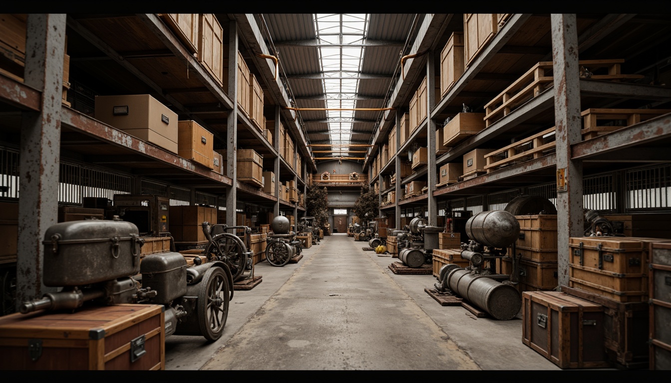 Prompt: Industrial storage room, metal shelving units, rusty steel beams, concrete floors, dimly lit atmosphere, soft warm lighting, wooden crates, vintage luggage trunks, distressed leather textures, worn-out canvas fabrics, aged metallic surfaces, old machinery parts, dusty air, shallow depth of field, 1/1 composition, realistic ambient occlusion.