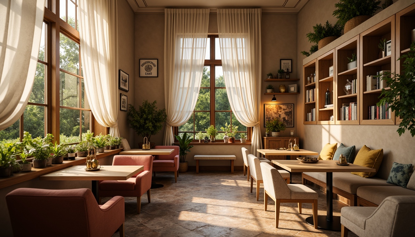 Prompt: Cozy breakfast nook, warm beige walls, plush velvet armchairs, wooden tables, lace curtains, delicate china cabinets, antique bronze hardware, soft golden lighting, rustic stone flooring, natural woven baskets, vibrant greenery, potted plants, modern farmhouse decor, shiplap accent walls, reclaimed wood shelves, distressed metal signs, morning sunlight, warm inviting atmosphere, 1/1 composition, shallow depth of field.