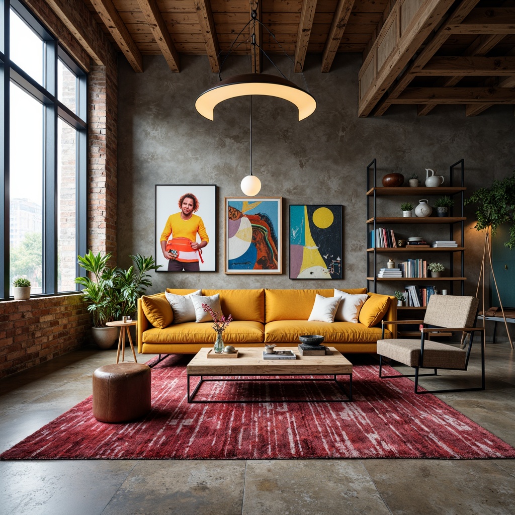 Prompt: Vibrant living room, eclectic furniture arrangement, bold color palette, textured rug, velvet sofa, reclaimed wood coffee table, industrial metal chairs, floor-to-ceiling windows, natural light pouring in, cozy reading nook, oversized pendant lamp, abstract art pieces, minimalist shelving units, polished concrete floors, urban loft atmosphere, atmospheric shadows, soft focus, 1/2 composition, cinematic lighting.